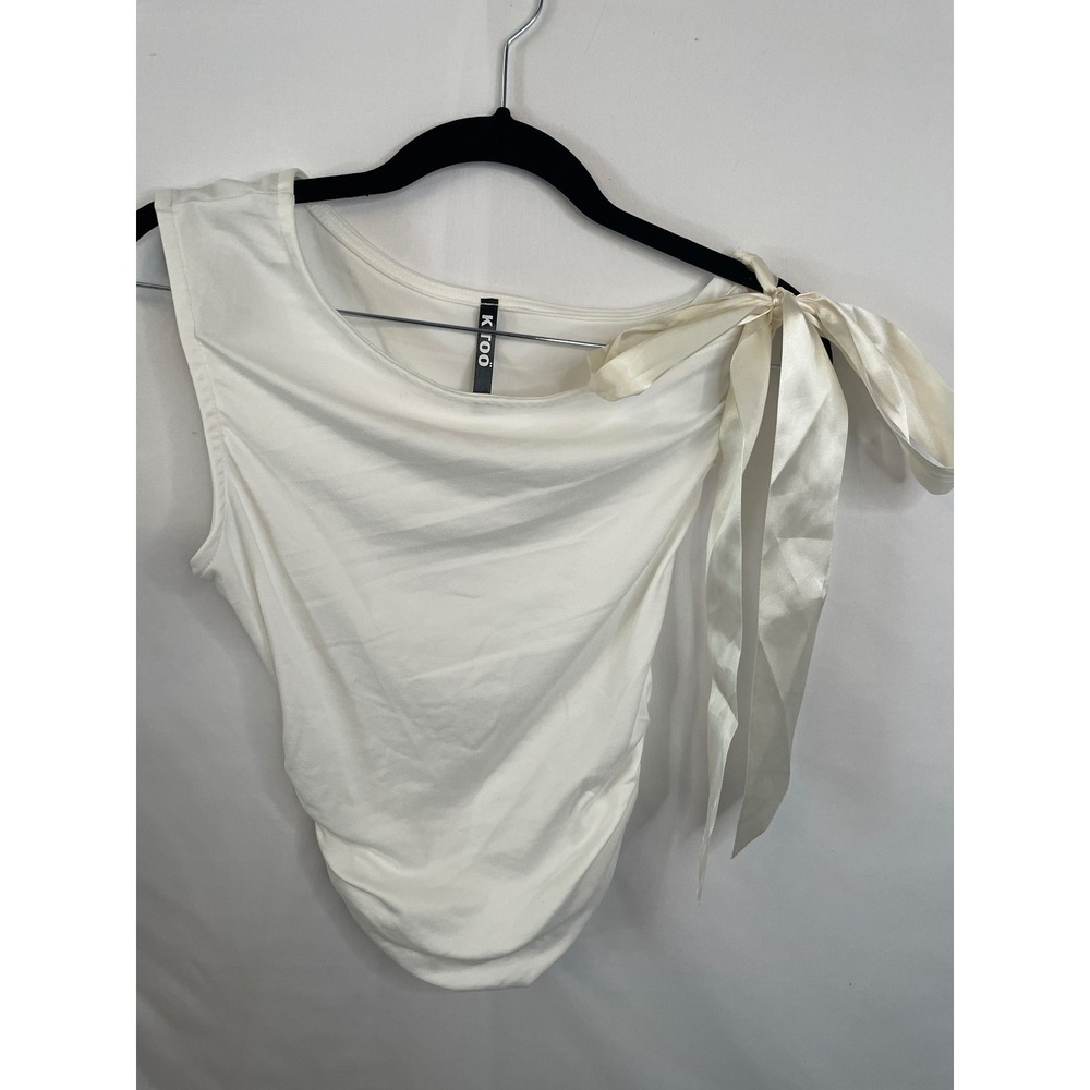 K TOO White One Shoulder Satin Bow Ruched Tank Top Small